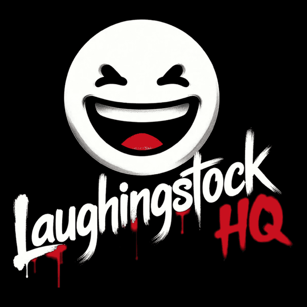 Laughingstock HQ logo: laughing face with red tongue matching the HQ letters, white brush wordmark, and red HQ
